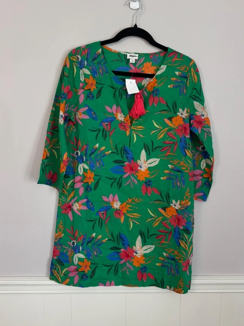 J. Crew Women's 3/4 Sleeve Tie V-Neck Bright Clover Multi Coverup Sz S NWT